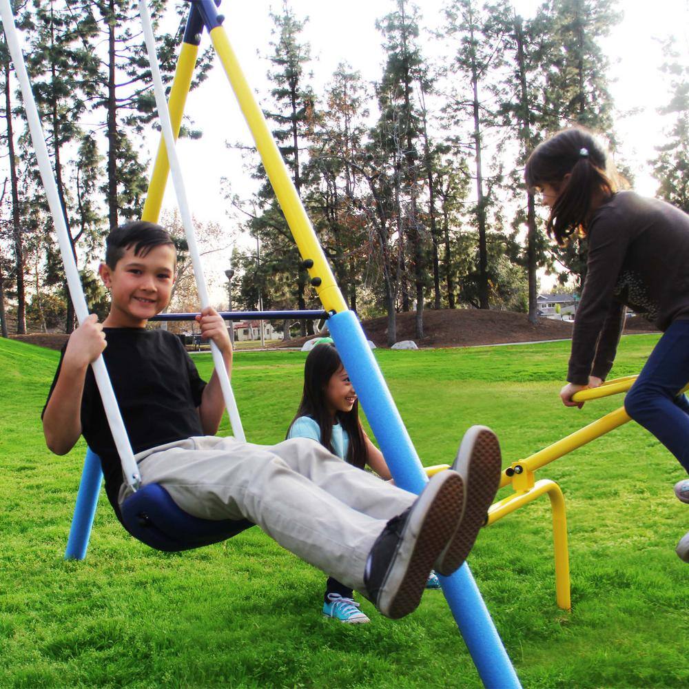 Sportspower Blue and Yellow Metal Swing Set with Slide and Teeter-Totter