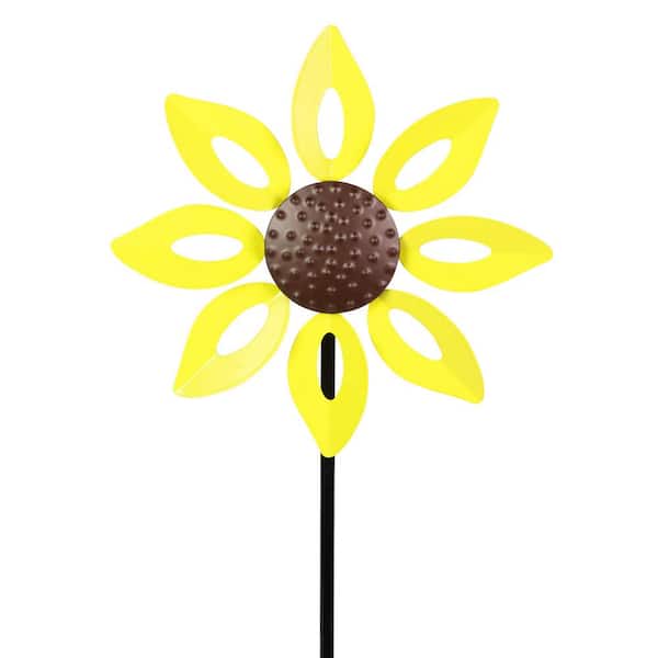 Exhart 9 in. Kinetic Open Petal Sunflower 2.17 ft. Yellow Metal Garden Stake