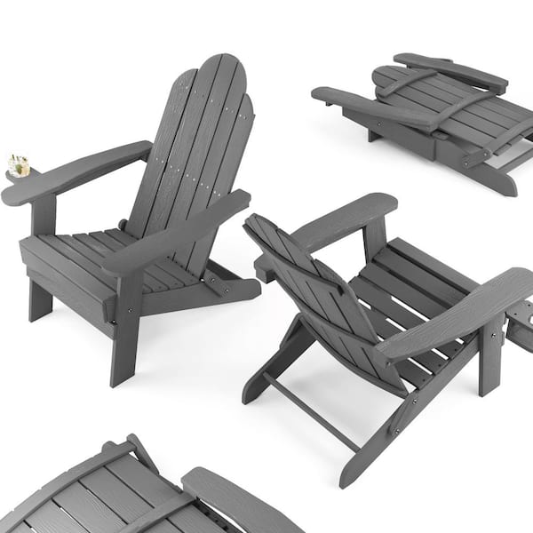 LUE BONA Dark Gray Foldable Plastic Outdoor Patio Adirondack Chair with Cup Holder for Garden/Backyard/Pool/Beach (Set of 4)