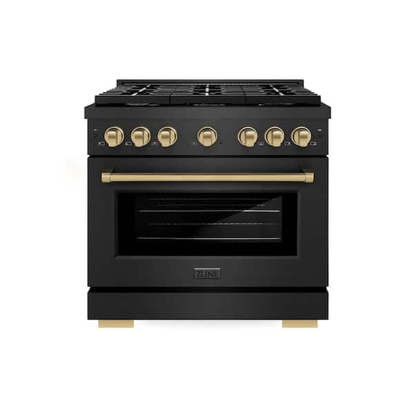 Autograph 36 in. 5.2 cu. ft. Paramount Dual Fuel Range with 6 Burner Gas Cooktop in Black Satin with Champagne Accents