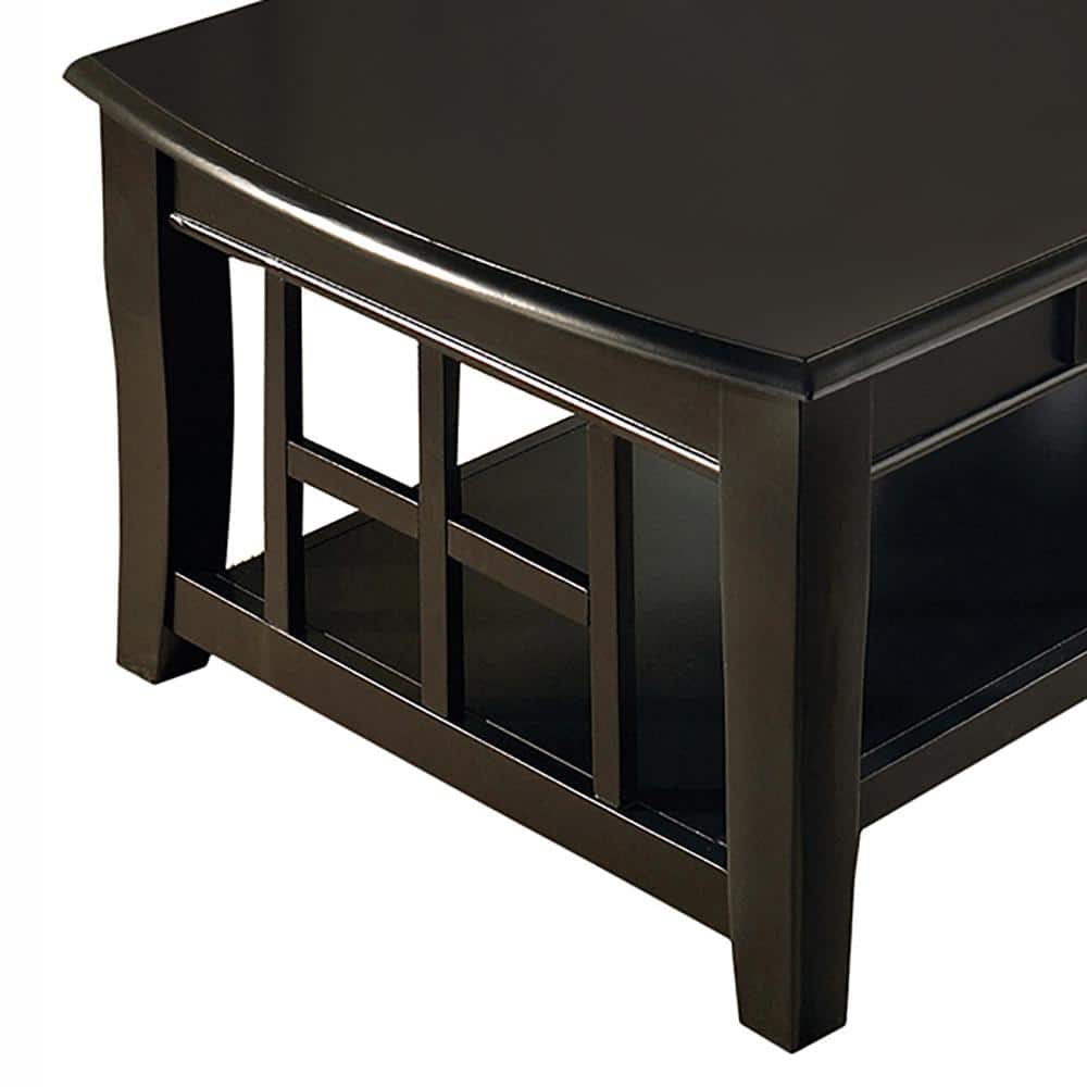 Black Rectangular Wood Coffee Table with Storage and Shelf