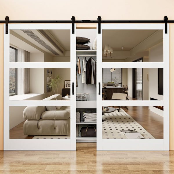 EH PUERTA 96 in. x 84 in. 3-Lite Mirrored Glass White Finished Solid Core MDF Barn Door Slab with Barn Door Hardware Kit