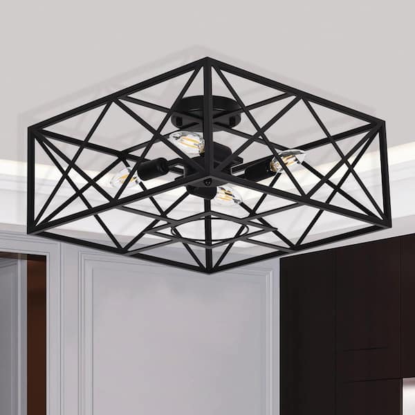 PAKOKULA Farmhouse 16.9 in. 4-Light Black Geometric Cage Semi-Flush Mount  Ceiling Light
