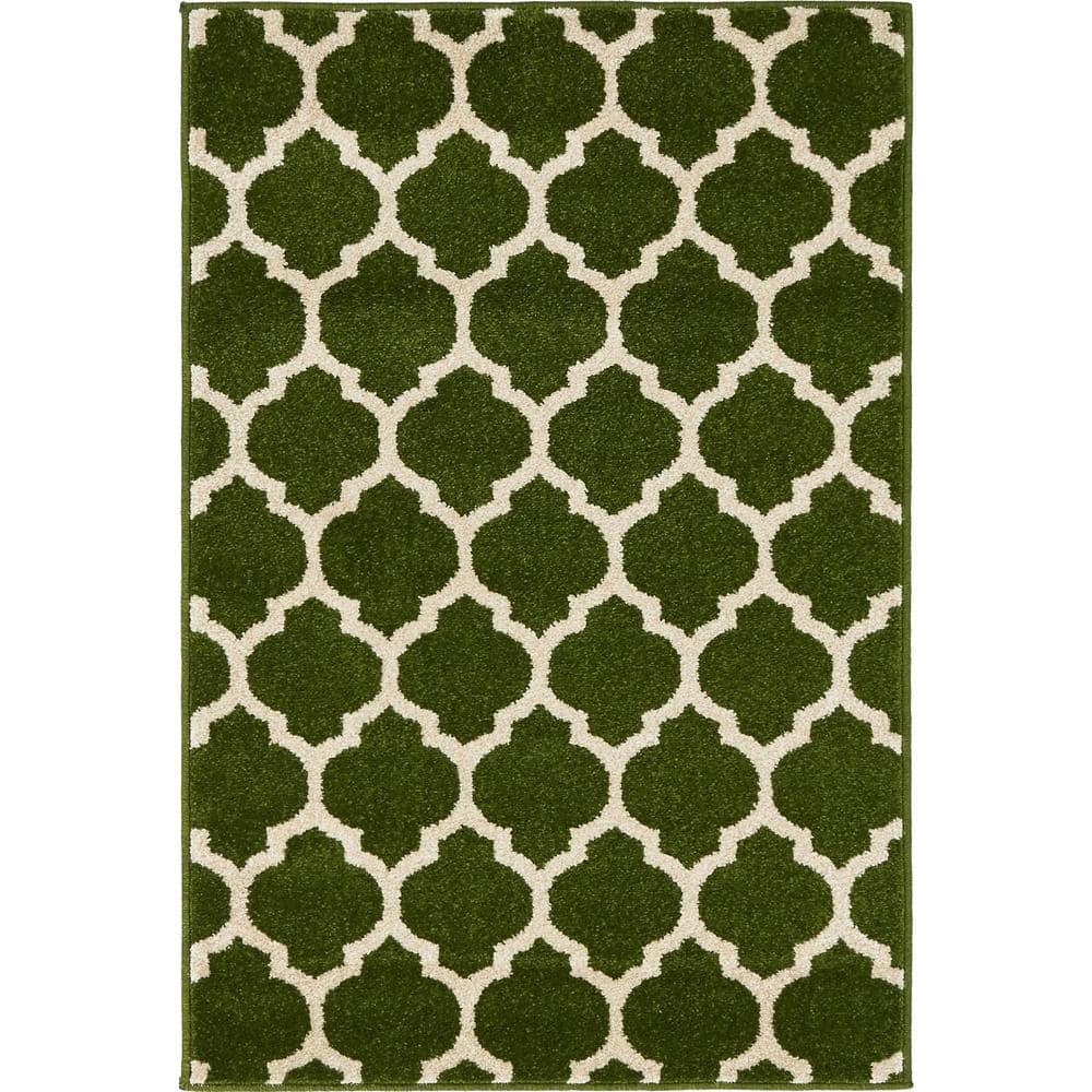 Elegant Dark Green Trellis Synthetic Indoor Rug, Stain-Resistant and Washable