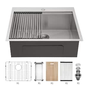 25 in. x 22 in. Drop-in Single Bowl 18 Gauge Brushed Nickel Stainless Steel Kitchen Sink with Bottom Grid and Drain