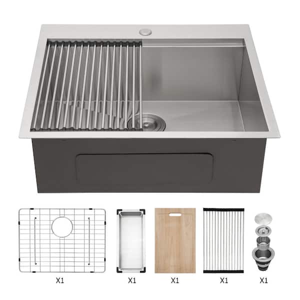25 in x 22 in Drop-In Single Bowl 18 Gauge Brushed Nickel Stainless Steel Kitchen Sink with Bottom Grid and Drain