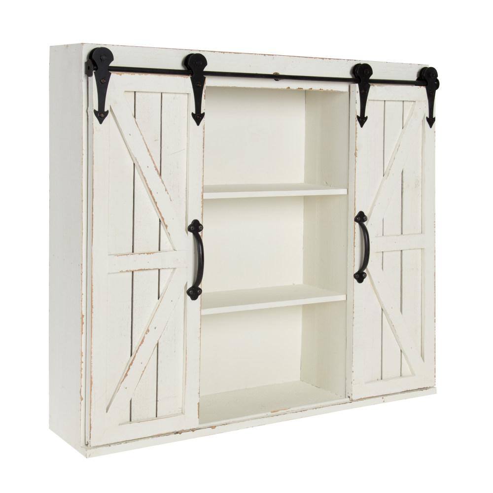 White Farmhouse Wood Wall Storage Cabinet with Sliding Barn Doors