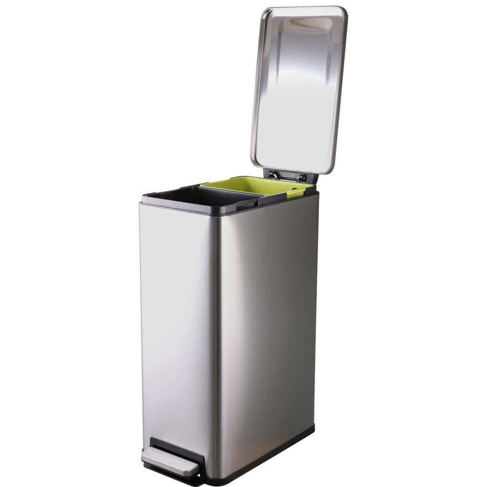 Slim Silver Stainless Steel Dual Compartment Recycling Bin