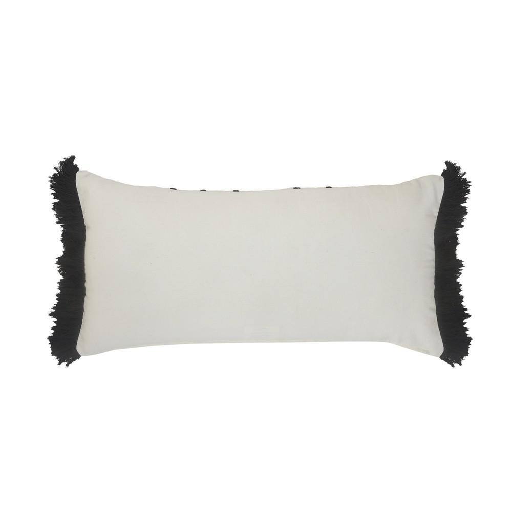 Ivory and Black Striped Cotton Fringe Throw Pillow 28" x 12"