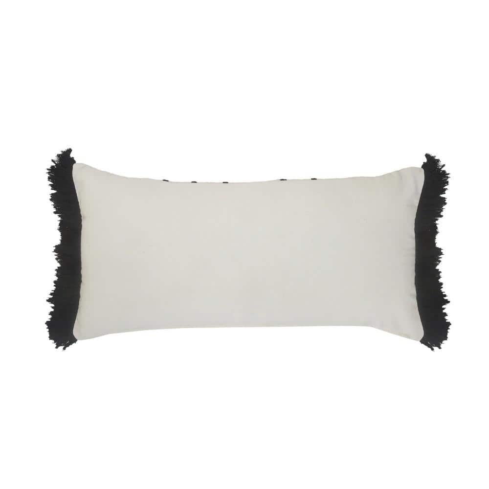 Ivory and Black Striped Cotton Fringe Throw Pillow 28" x 12"