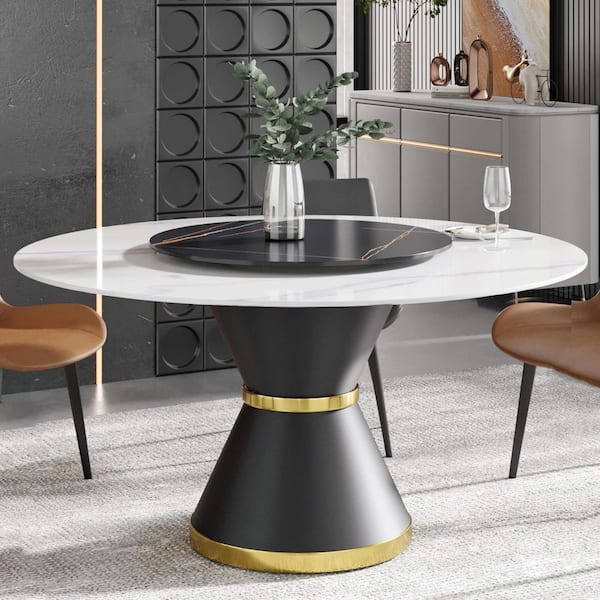 59.05 in. Modern Round Black Rotary Lazy Susan Sintered Stone Top Black Carbon Steel Pedestal Dining Table (Seats-8)