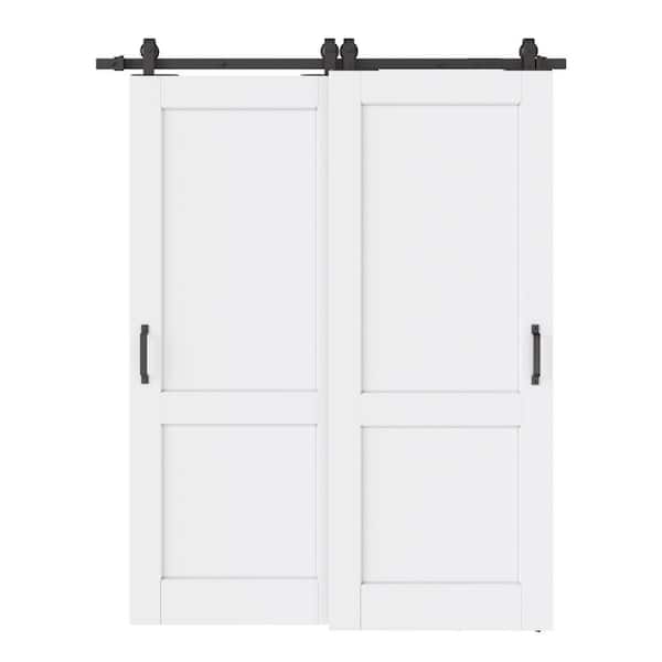 ARK DESIGN 56 in. x 80 in. (Double 32 in.) 2-Lite Panel White Primed Solid Core MDF Sliding Barn Door with Hardware Kit Bypass