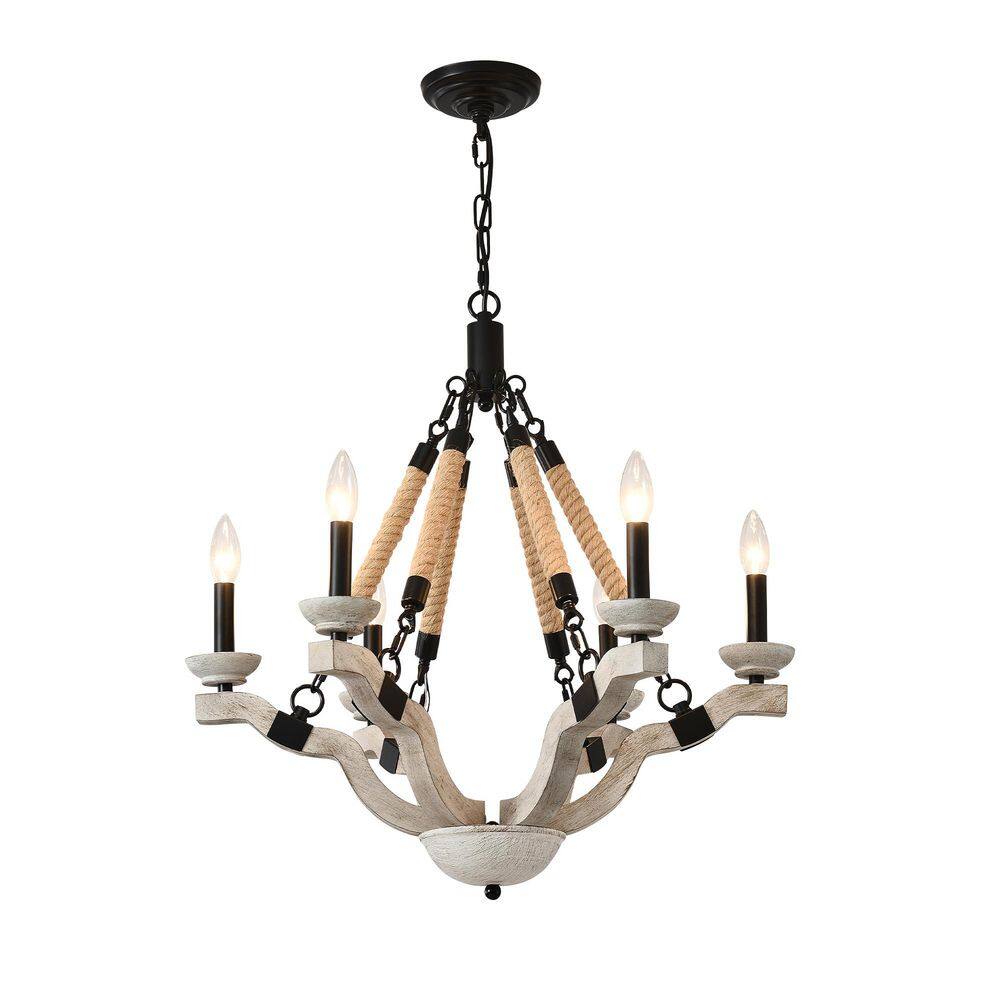 6-Light Oak White Farmhouse Wood Rope Chandelier-Rustic Candle Pendant Light for Dining Room Kitchen Island Living Room price history on PriceWatchPro