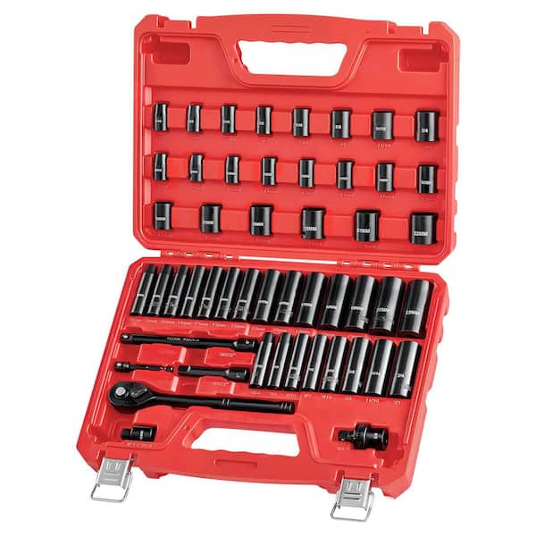 50-Piece 3/8 in. Drive Impact Socket Set, SAE (5/16 in. to 3/4 in. ) and Metric (8-22 mm), Cr-V Steel, with Extensions