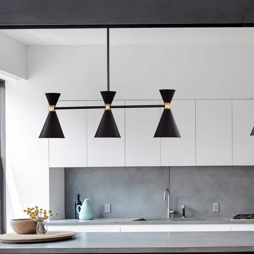 Modern Hourglass 3-Light Island Pendant in Black with Brass Accents