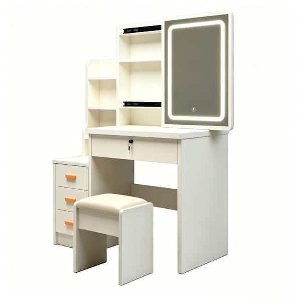 White Makeup Vanity Set With LED-Lit Mirror,Makeup Vanity Table With Storage&Cushioned Stool For Dressing Room Bedroom