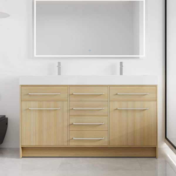 59.06 in. W x 19.69 in. D x 35.06 in. H Freestanding Bath Vanity in Light Oak with White Resin Vanity Top