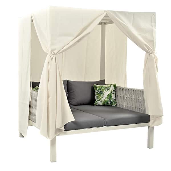 Sudzendf White Metal Outdoor Patio Sunbed Day Bed with Beige Curtains and Gray Cushions