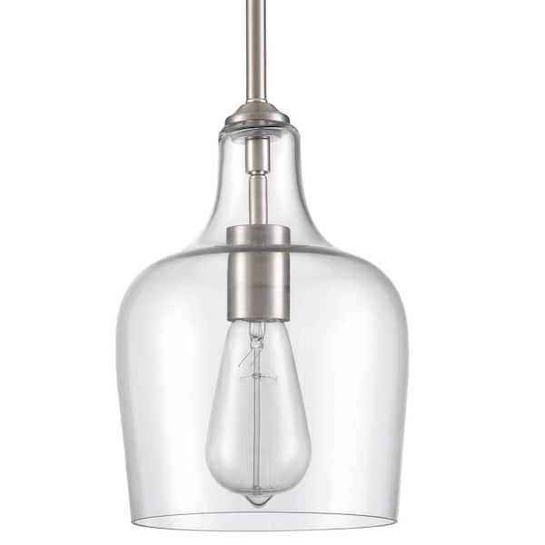 CLAXY 60 Watt 1 Light Nickel Finished Shaded Pendant Light with Clear glass Glass Shade and No Bulbs Included