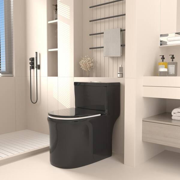 Modern 1-Piece 1.0/1.6 GPF Dual Flush Elongated Toilet in Black