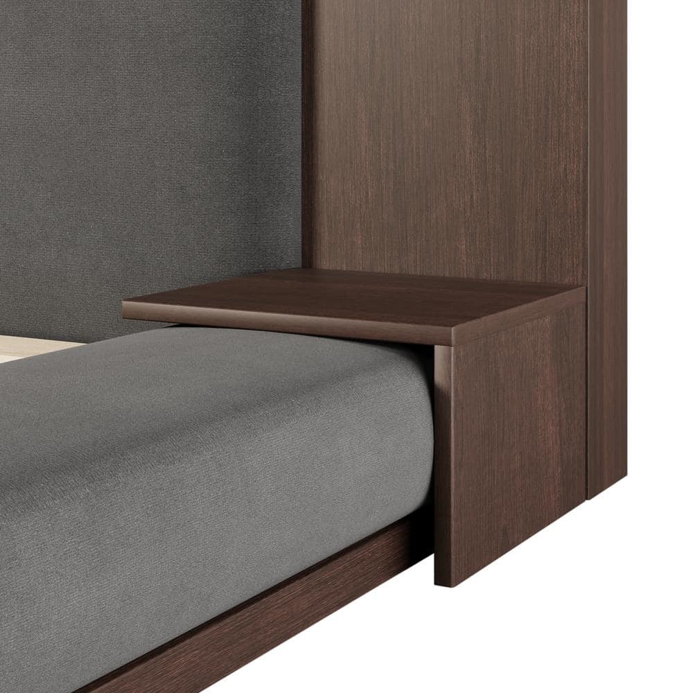 Gray Wood Frame King Size Velvet Upholstered Platform Bed Floor Bed with Extended Wood Headboard, Bedside Shelf - thumbnail 6