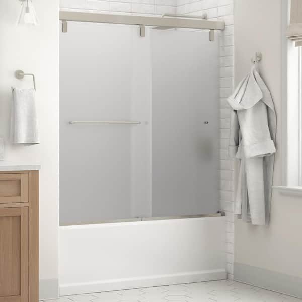 Delta Mod 60 in. x 59-1/4 in. Frameless Soft-Close Sliding Bathtub Door in Nickel with 1/4 in. Tempered Frosted Glass
