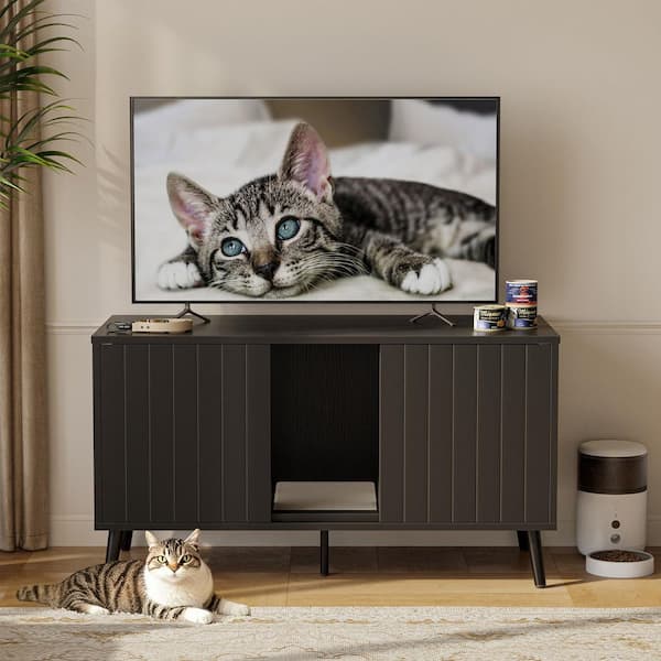 Black Grained TV Stand Fits TVs up to 50 to 55 in. Large Cat Litter Box Enclosure with Litter Mat and Dog-Proof Design