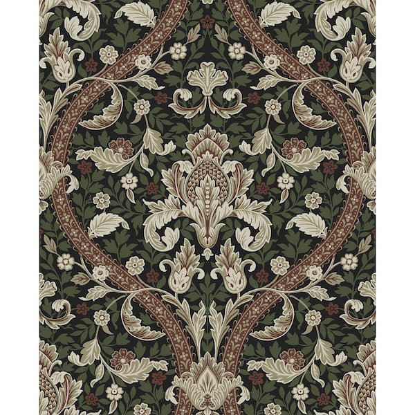 31.35 sq. ft. Ebony and Clay Acanthus Ogee Vinyl Peel and Stick Wallpaper Roll