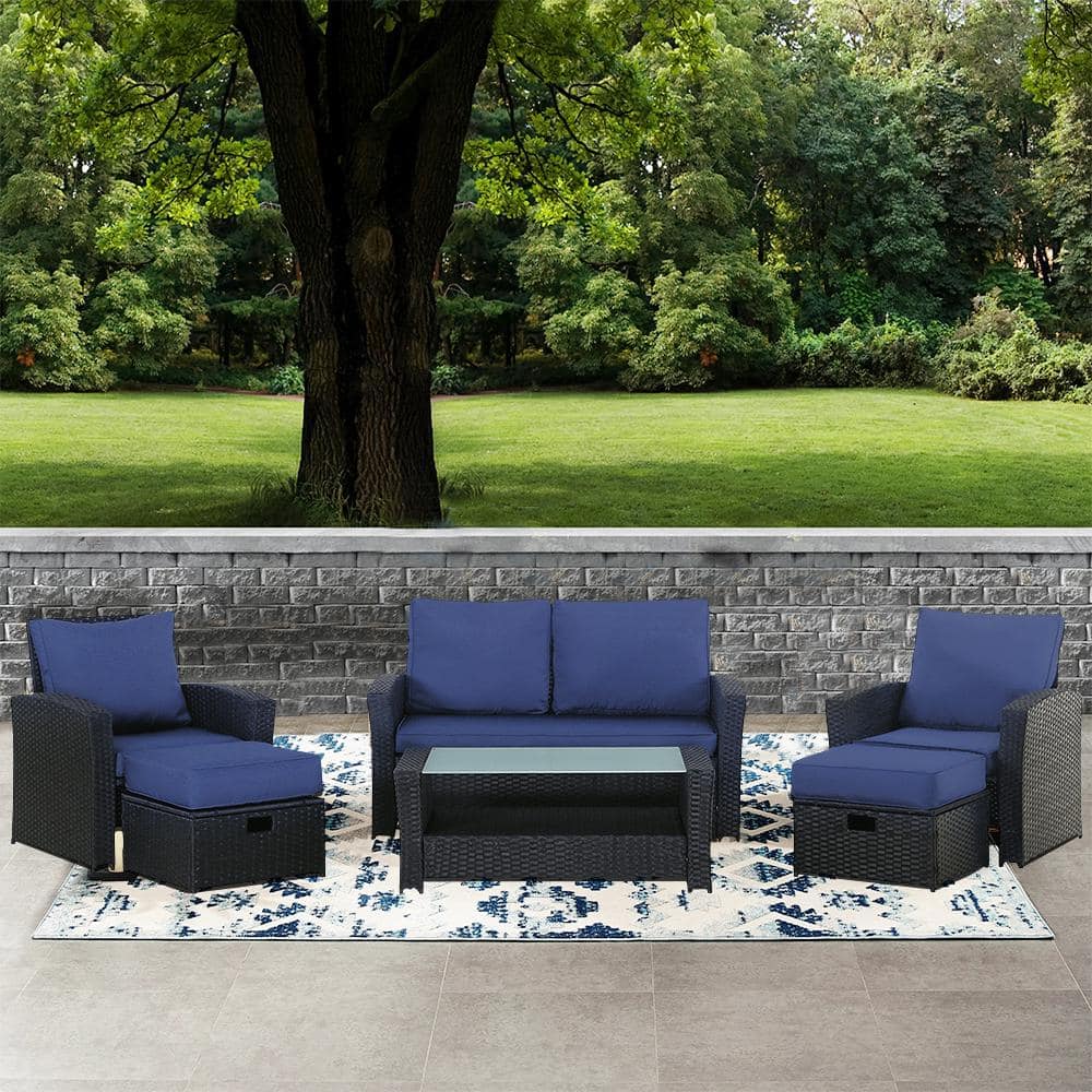 6-Piece Black Wicker Outdoor Sectional Set with Blue Cushions and Coffee Ta