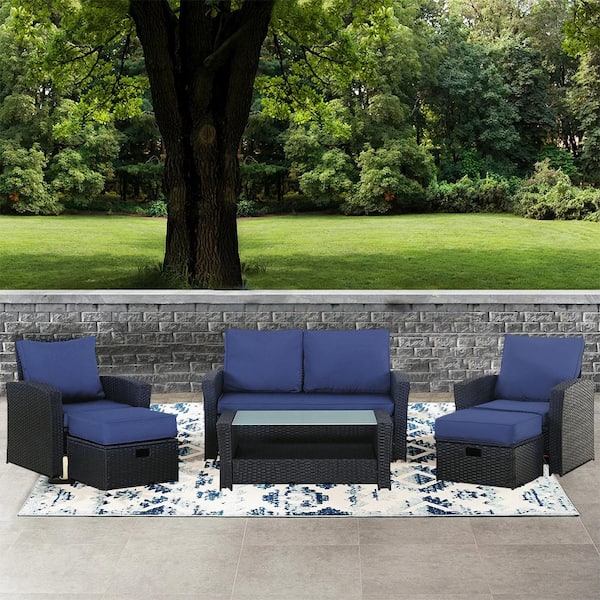 Unbranded 6-Piece Black Wicker Outdoor Sectional Set with Blue Cushions and Coffee Table