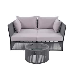 2-Piece Dark Grey Rope Metal Outdoor Day Bed with Grey Cushions, Double Chaise Lounger with Clear Tempered Glass Table