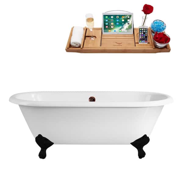 Streamline 66 in. x 30 in. Cast Iron Clawfoot Soaking Bathtub in Glossy White, Matte Black Clawfeet, Matte Oil Rubbed Bronze Drain