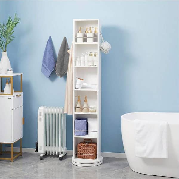 11.81 in. L x 6.89 in. W x 66.73 in. H Swivel Storage Cabinet Organizer Tower Free Standing Linen Tower Mirror in White