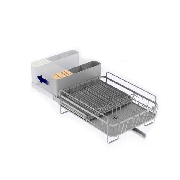 Extendable Dish Drying Rack w/ Cutlery & Cup Holders, Multifunctional Countertop Drainage Rack, 19.2"-26.7" L x 12.9" W
