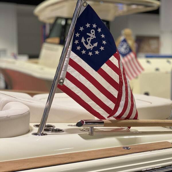 Distressed American Flag with Chris Craft Boat Framed Horizontal Poster