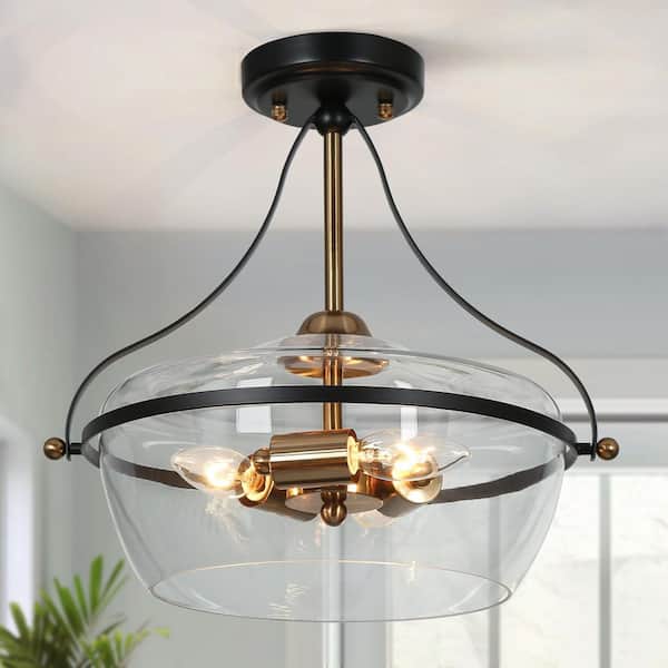 Zevni 14 in. 3-Light Brass Gold Modern Semi-Flush Mount Ceiling Light with Clear Glass, Black Ceiling Lights for the Hallway
