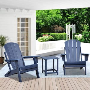 3-Piece Navy Blue HDPE Wood Patio Conversation Set with Navy Blue Seats