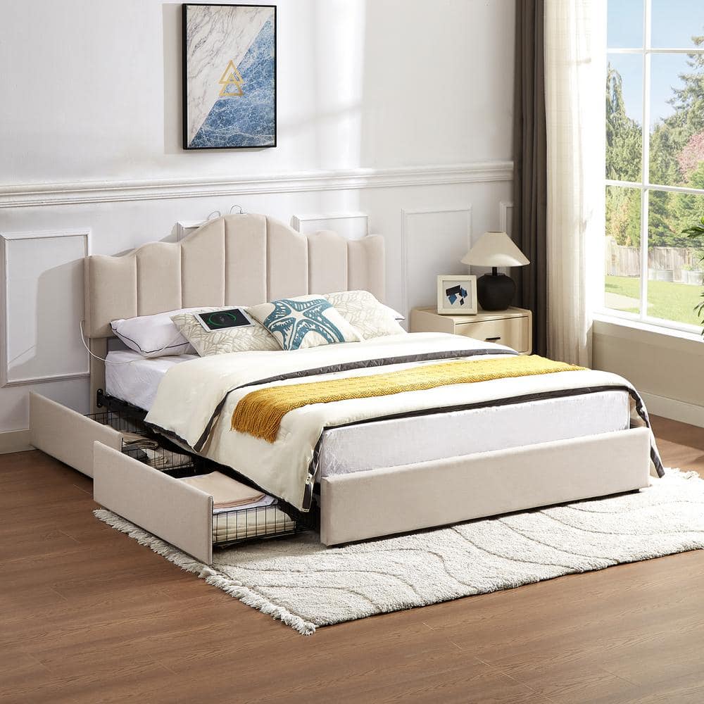 VECELO Upholstered Bed With Type-C And USB Charging Stations, Metal ...