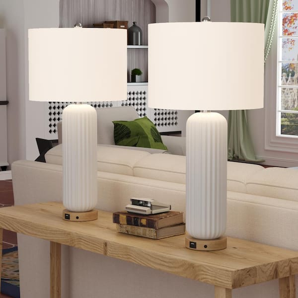 Sacramento 28-In White Ceramic Table Lamp with USB Port and White Linen LampShade (2-Pack)