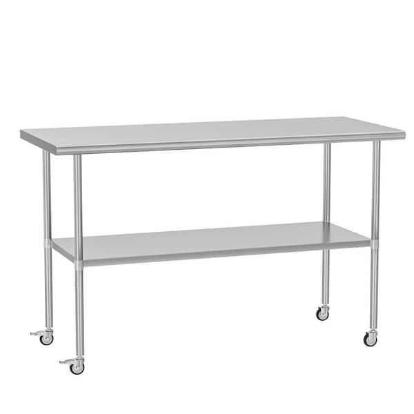 Stainless Steel Table 30-x 60 in. Metal Prep Table with Wheels Adjustable Undershelf, Stainless Table for Outdoor