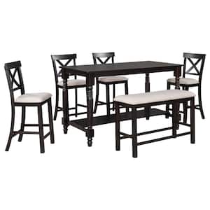 6-Pieces Espresso Wood Top Counter Height Dining Table Set with Storage Shelf 4 Cushioned Chairs and 1 Bench for Kitchen
