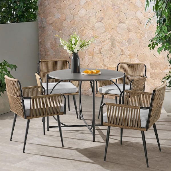 Alaterre Furniture Alburgh All-Weather 5-Piece Outdoor Bistro Set with 4 Rope Chairs with Light Gray Cushions and 30 in. H Bistro Table