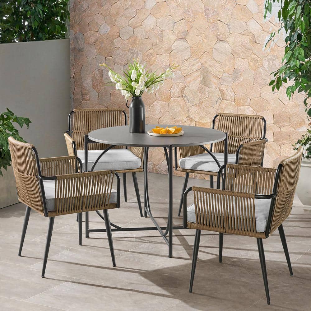 Alburgh 5-Piece All-Weather Metal Outdoor Bistro Set with 4-Rope Chairs wit