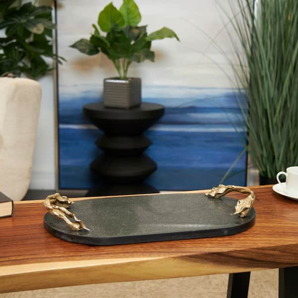 Litton Lane Black Marble Oval Decorative Tray with Gold Leaf Handles