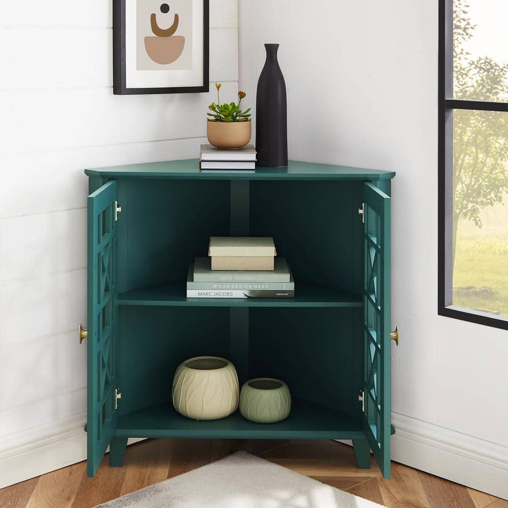 Transitional Triangular Corner Cabinet with Adjustable Shelving in Dark Teal