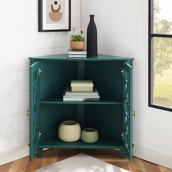 Dark Teal Wood and Glass Corner Accent Cabinet with Fretwork Doors