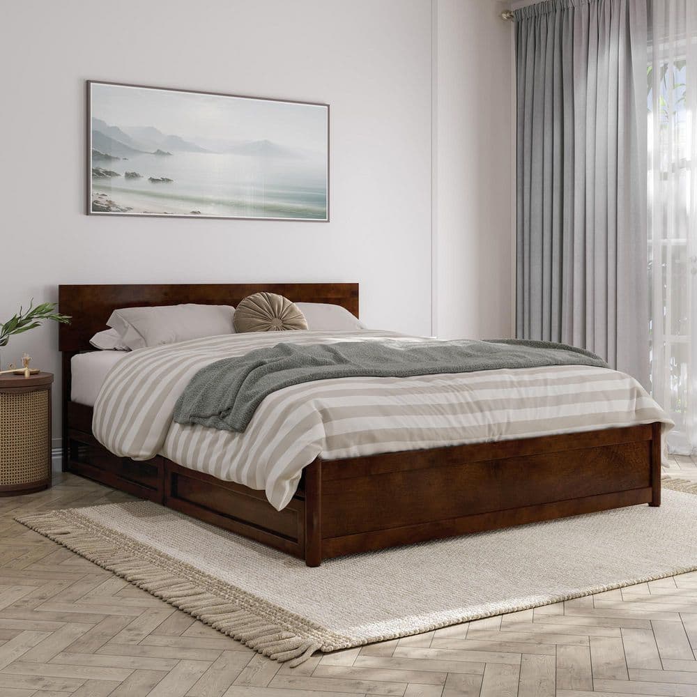 Wesley Walnut Queen Wood Platform Bed with Storage Drawers