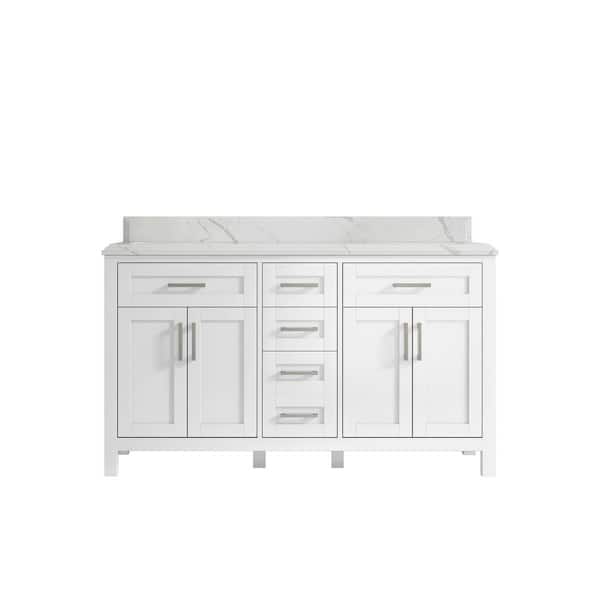 Willow Collections Cambridge 60 in. W x 22 in. D x 36 in. H Double Sink Bath Vanity in White with Cove Edge Calacatta Quartz Top