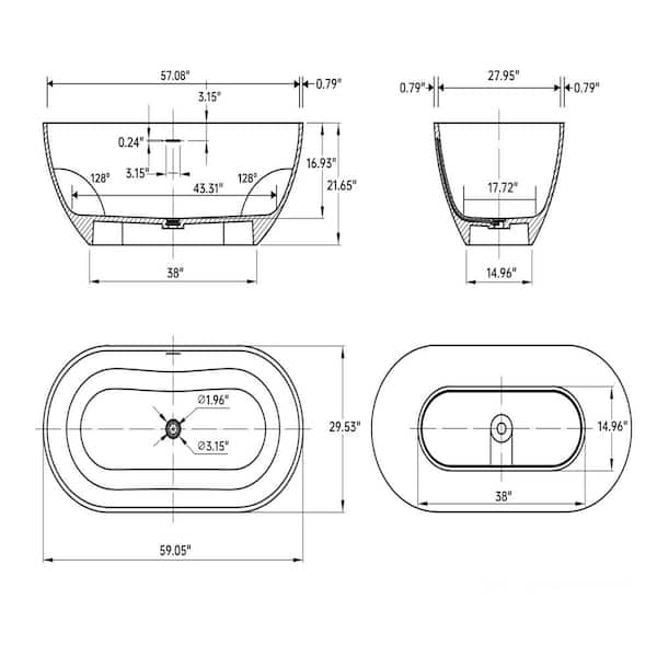 59 in. Stone Resin Flatbottom Solid Surface Freestanding Double Slipper Soaking Bathtub in White with Brass Drain