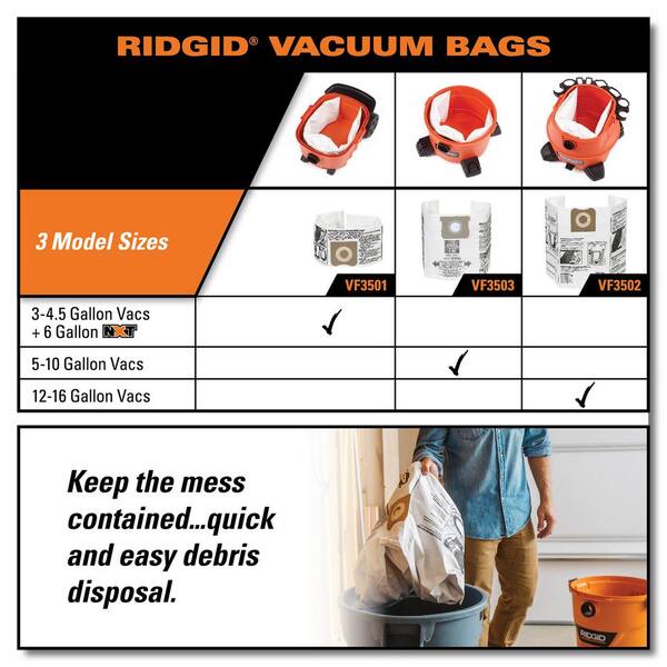 Ridgid High Eff Size B Dust Collection Bags For 5 8 Gal Shop Vac Branded Vacs 5 10 Gal Ridgid Vacs Except Hd0600 2 Pack Vf3503 The Home Depot